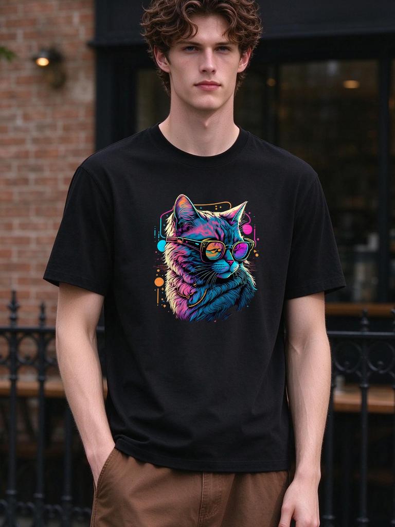 Unisex T Shirt Cool Neon Cat Print Casual Soft Comfortable Summer Tops