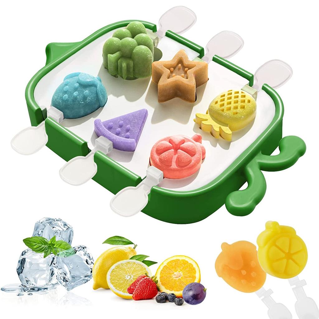 Kids Ice Cream Molds 6-Cavity Silicone Popsicle Mold with Lid, Food-Grade Silicone, Green, Reusable DIY Ice Pop Maker Accessories