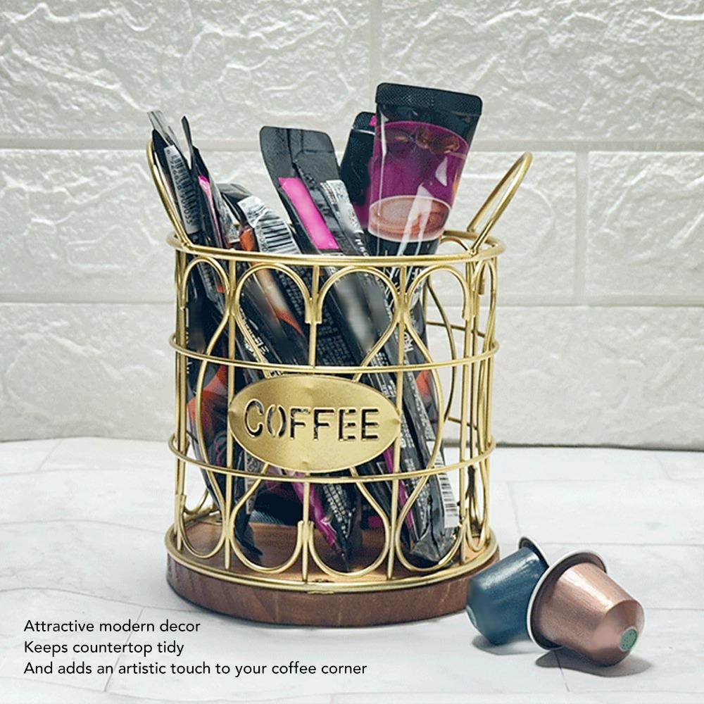Decorative Round Coffee Pod Basket Metal Coffee Capsule Storage Basket  Kitchen Countertop