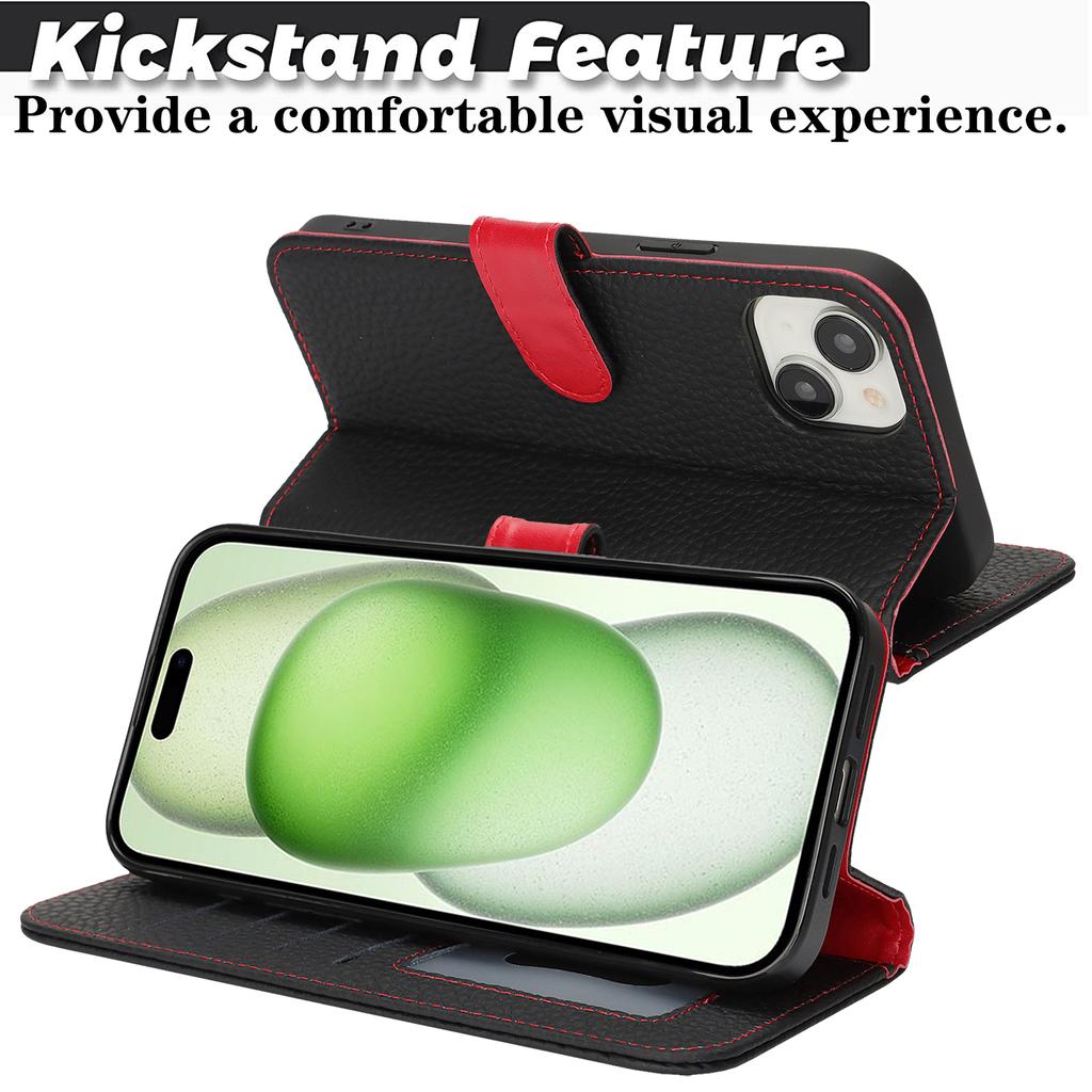 For iPhone 15 Plus/14 Plus Stand Case Litchi Texture Genuine Cow Leather Wallet Phone Cover RFID Blocking