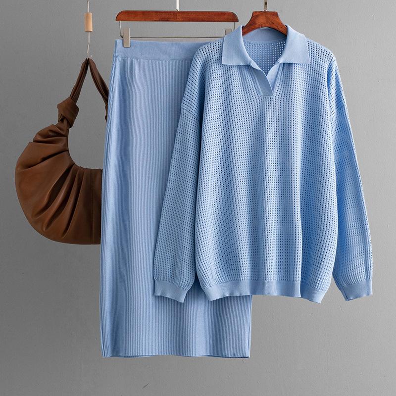 Herbst Neu Polo Ausgehöhlt Gestrickt Langärmeliges Oberteil Einfarbig Rock Zweiteiliges Set für Damen