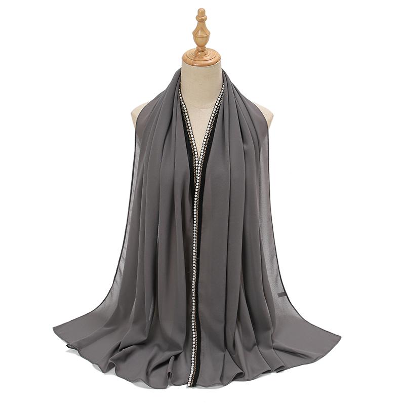 New Ramadan Chiffon Hijab Scarf With Pearls Beads Muslim Hijab With Chain Solid Long Shawls Headscarf Wraps Islamic Headband