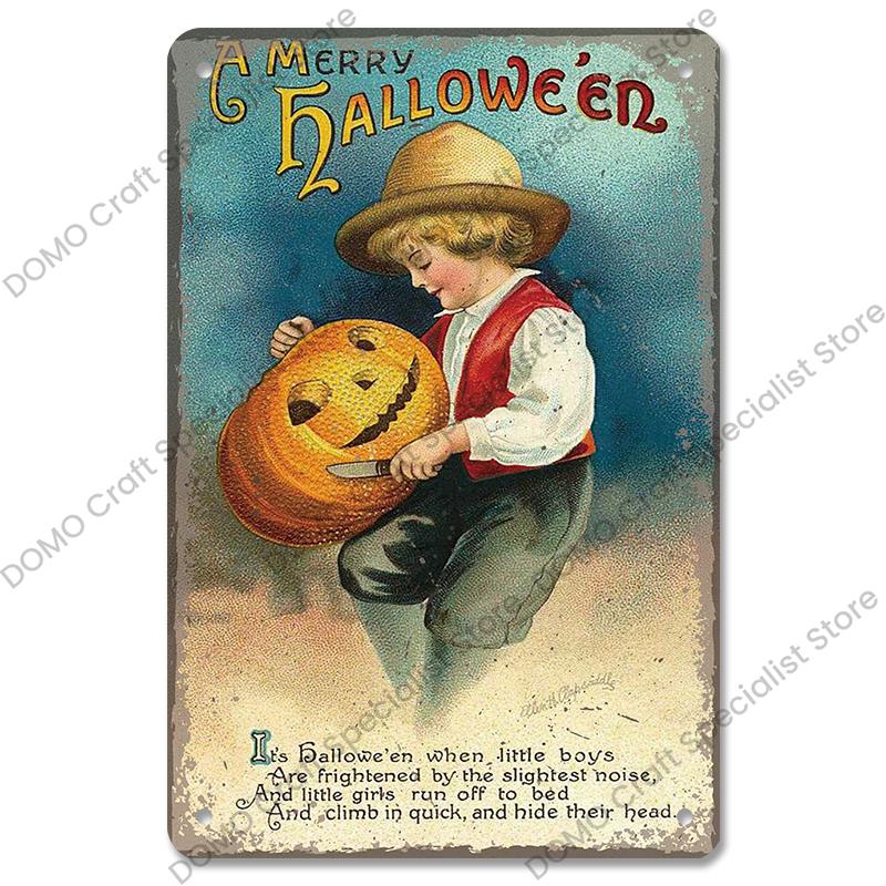 Halloween Night Party Poster Vintage Metal Signs Pumpkin Trick or Treat Metal Tin Plate Wall Art Decor For Bar Pub Club Home