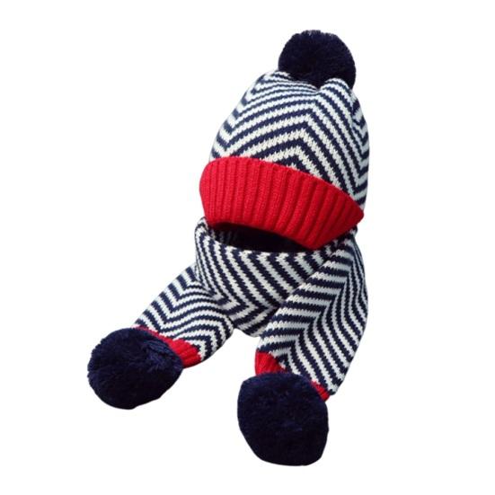 2Pcs/Set Kids Autumn Winter Hat Scarf Set Plush Ball Decor Striped Print Brimless Hat Knitting Scarf Set