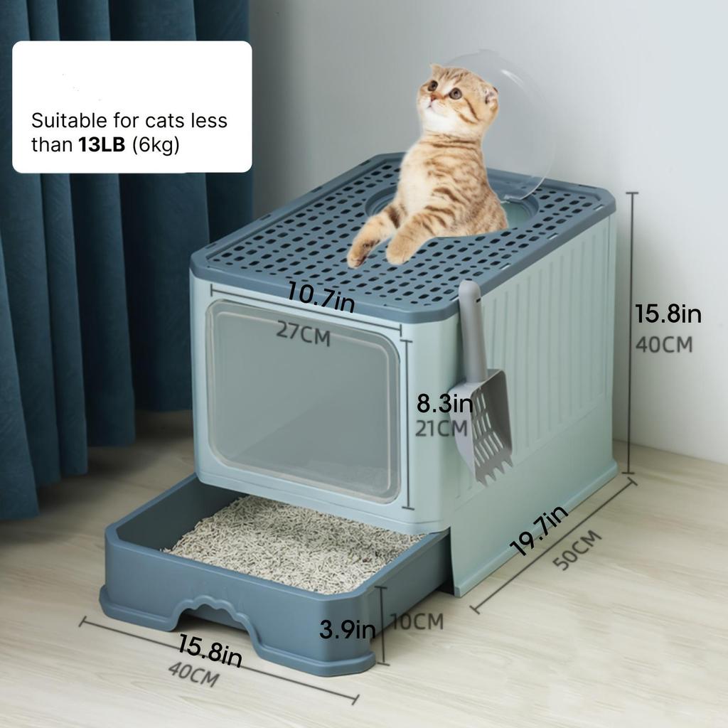 Fully Enclosed Cat Litter Box With Lid, Foldable Anti-Splashing Cat Litter Drawer With Front Flap Door And Toy Entry, Cat Toilet For Indoor Cats