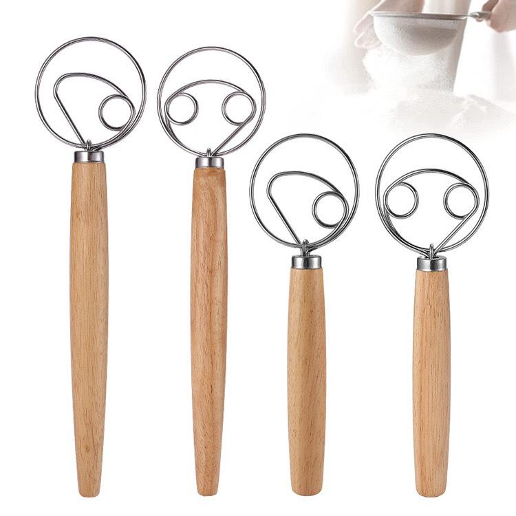 Danish Wooden-Handled Single Coil Dough Mixer: Manual Handheld Baking Tool for Flour Blending