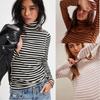Women S Striped Print Half High Neck Fitted Long Sleeve T Shirt Base Layer Top