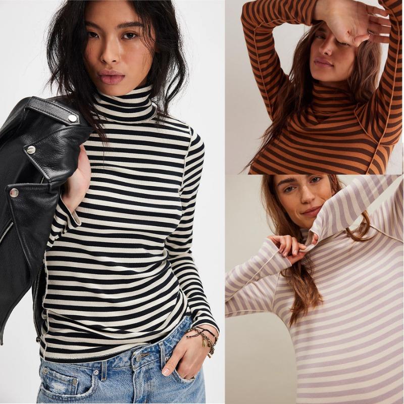 Women S Striped Print Half High Neck Fitted Long Sleeve T Shirt Base Layer Top