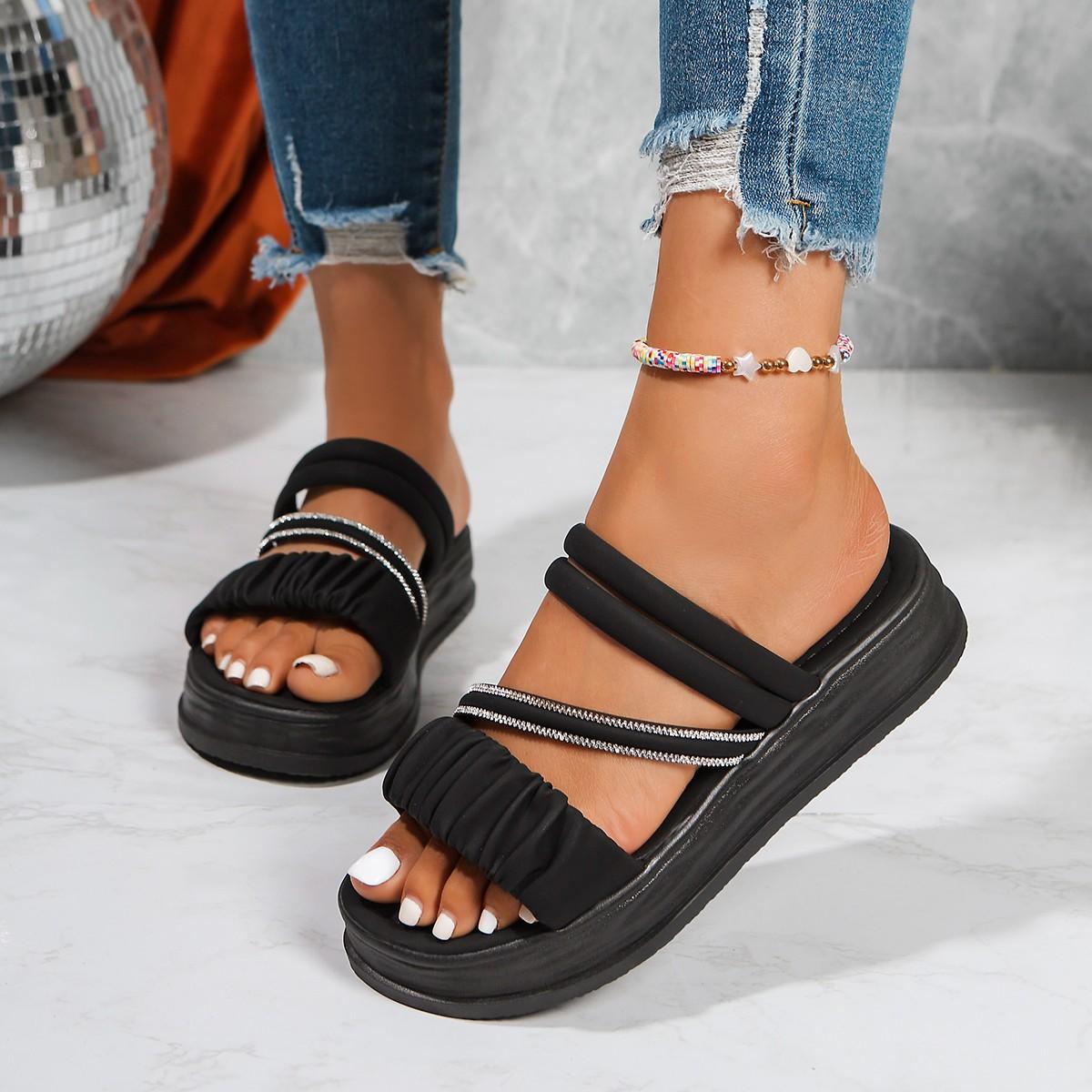 

Женские сандалии из искусственной кожи с металлической деталью и ремешком с пряжкой, большого размера 42, летняя пляжная женская обувь на среднем каблуке 35 чёрный