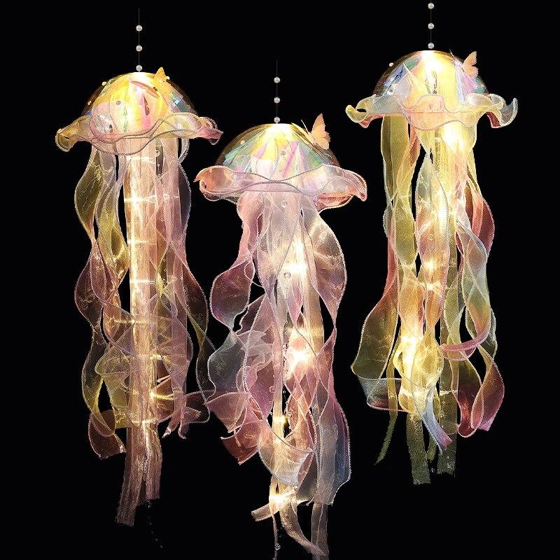 1PC Gradient Jellyfish LED Night Light Handmade Pendant Festival Decor Courtyard Indoor Outdoor Hanging Colorful Lamp Ornament
