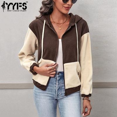 Women's Fashion Casual Colour Block Print  Autumn Winter Long Sleeve Hooded Jackets & Coats