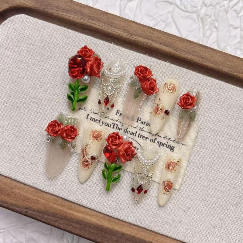 Handmade 3D Vintage Rose Press-On Nails Long Style 2026 New Design Women Girls