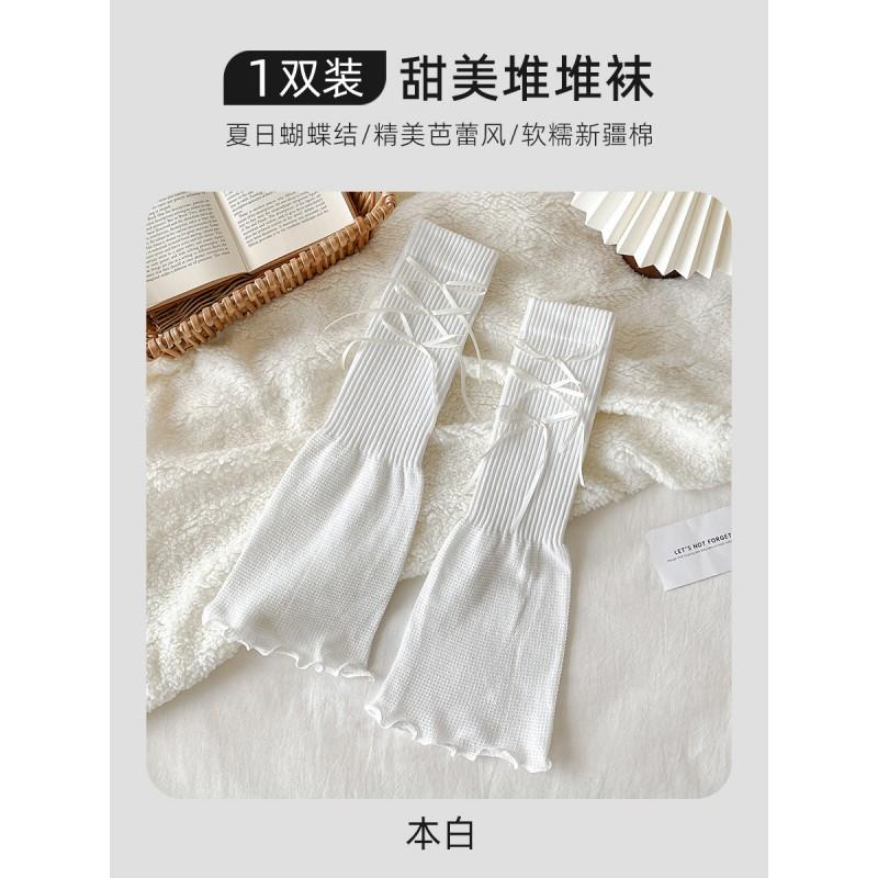 White Bow Stack Socks Women Y2K Style Thin Mid-Calf Leg Warmers Sweet Punk Cotton Blend