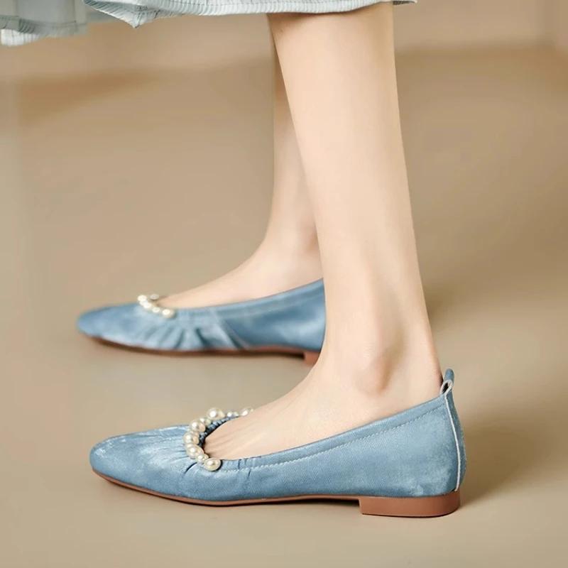 Women's Single Shoes Summer New Low Heel Square Head Beaded Dance Shoes Casual Fashion Light Soft Soled Oxford Shoes