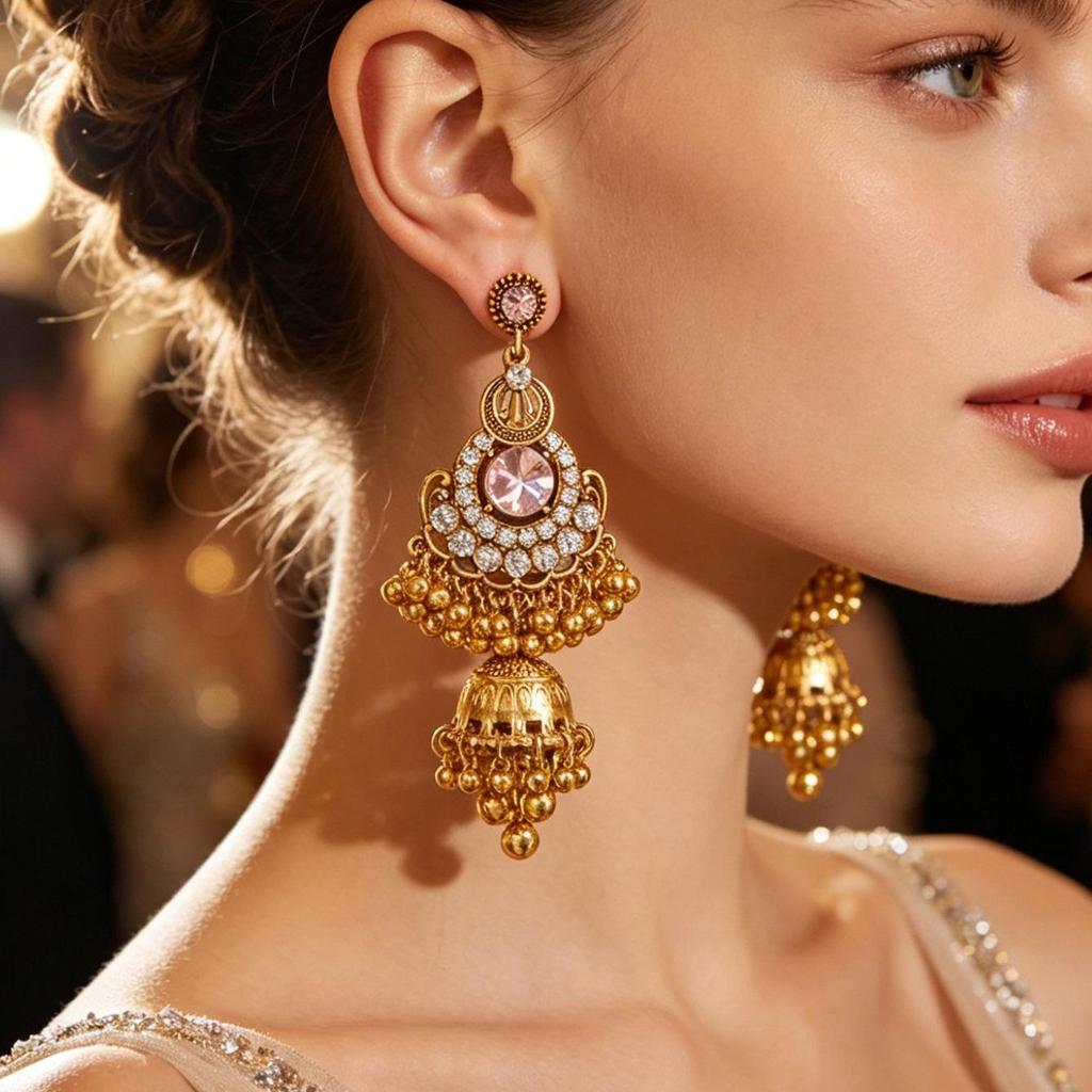 Indian-Style Long Earrings with Rhinestones, Beads, Bells, and Tassels