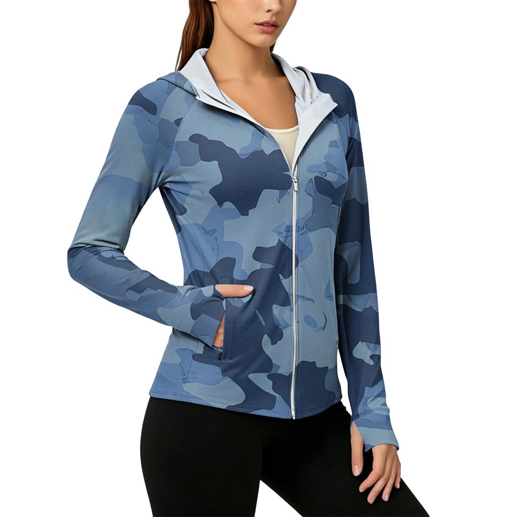 Leichte Kapuzenjacke mit Reißverschluss und Taschen für Damen, Langarm, Camouflage, Sonnenschutzjacke für Outdoor-Aktivitäten