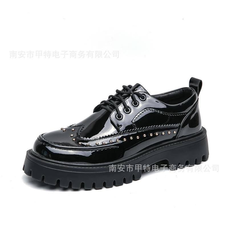 

Large size 2025 dress casual shoes rivets personalized hairdresser leather shoes platform height increase black and white fashion men s shoes 46