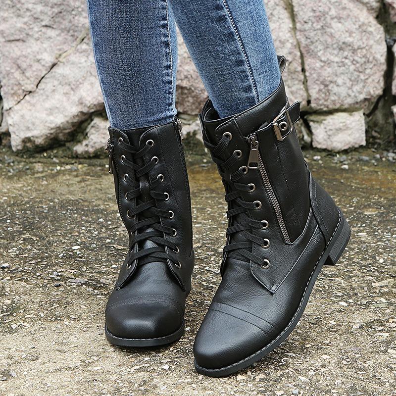 Autumn and winter new flat-bottomed low-heeled Martin boots women's medium boots side zipper thick-heeled knight boots