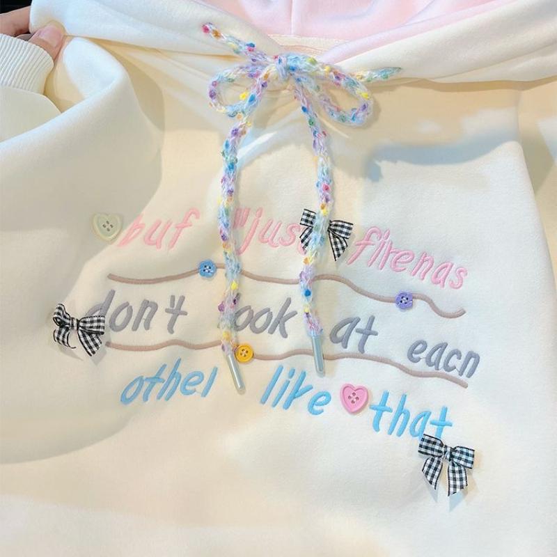 

Ladies Button Decoration Solid Color Hoodie College Style Sweet Letter Hooded Sweatshirt Autumn Loose Versatile Women s Pullover Top Onesize