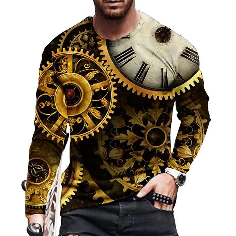 

Осенняя футболка с винтажным принтом, 3D-часы, повседневная хлопковая рубашка с длинным рукавом и круглым вырезом, свободные топы, футболка, мужская одежда 6XL