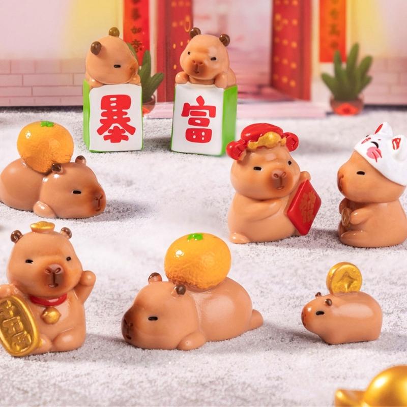 Miniature Capybara Figurines Set of 7 Tiny Resins Animals Statues for New Year or Birthday Decoration Attracting Wealth