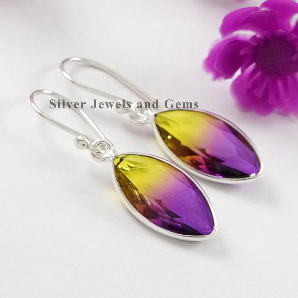 Marquise Ametrine Quartz Bezel Earrings: Handmade 925 Sterling Silver