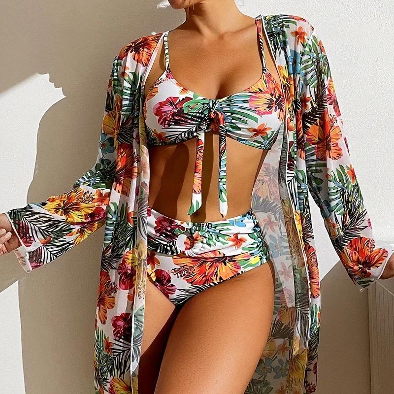 

Bohemian Print Sexy Women s Beach Bikinis Three Pieces Bikini Set Cover Up Swimwear High Waisted Bikini Set Women Swimsuit 2025 XS белый