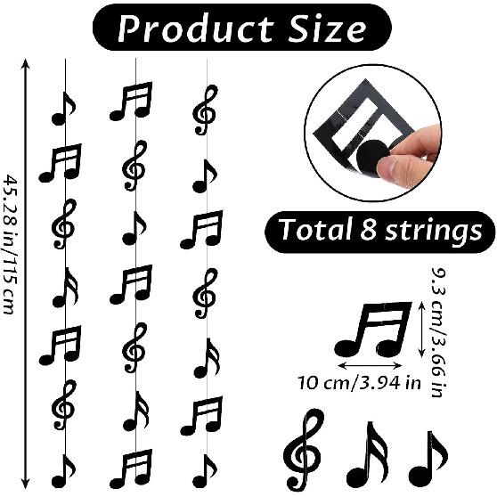 8PCS Music Notes Party Decorations, Black Musical Note Hanging Swirl, Music Theme Party Supplies, Musical Notes Garland for Concerts, Music-Theme
