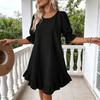 Women's Summer Cotton Linen Dress Casual Crew Neck Short Sleeve Midi Dress Beach Vacation Ruffle Hem Loose Dress