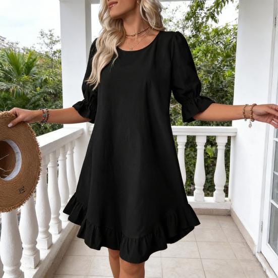 Women's Summer Cotton Linen Dress Casual Crew Neck Short Sleeve Midi Dress Beach Vacation Ruffle Hem Loose Dress