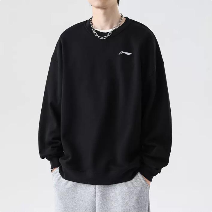 Li-Ning Solid Color Round Neck Logo Casual Knitted Sports Fleece Sweatshirt Men Sweatshirt Black AWDTD91-1