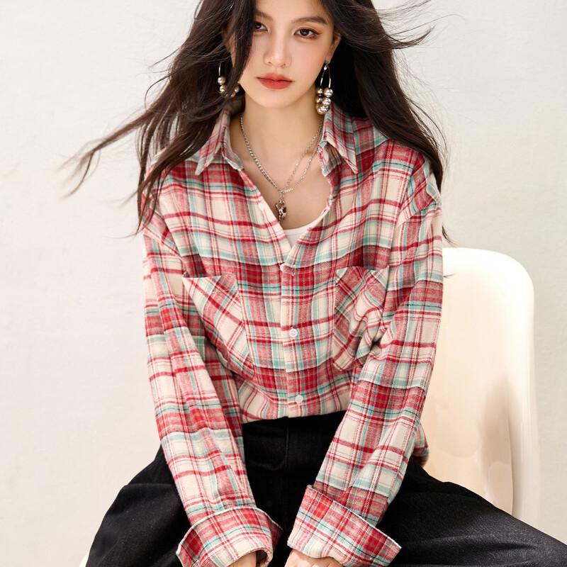 Women's Retro Plaid Lapel Cotton Shirt