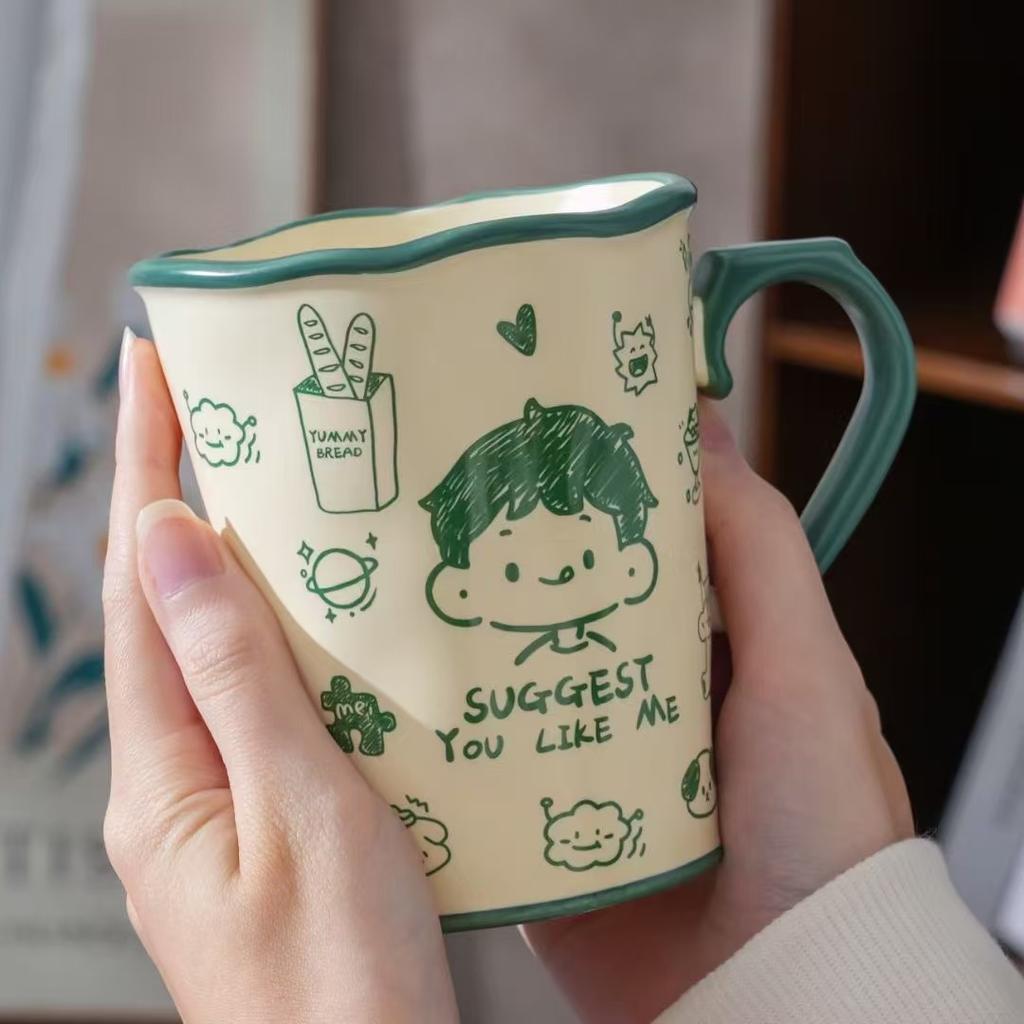 Cană Ceramică Creativă Personalizată pentru Cuplu cu Capac și Linguriță, Aspect Înalt, Capacitate Mare, Cană Cadou Mic pentru Fete, Pahar pentru Apă pentru Uz Casnic