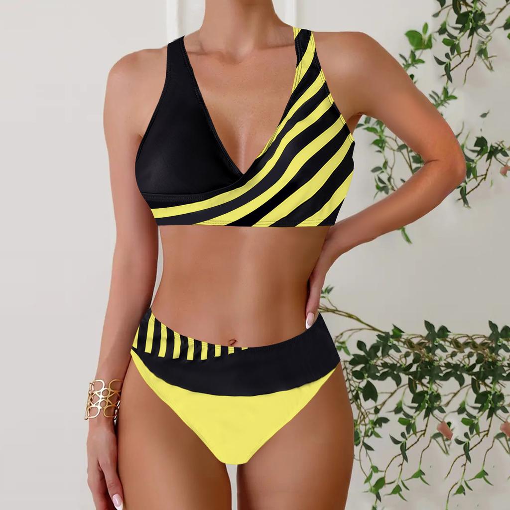 Women's Halter Half Edge Stripe Print Bikini Tankini Swimsuit