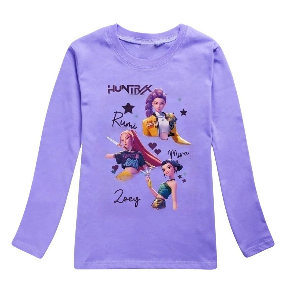 KPop Dämonenjäger Kinder Huntrix Langarm T-Shirt Cartoon Lässig O-Ausschnitt Oberteil für Jungen und Mädchen Mode Locker Jugendbekleidung