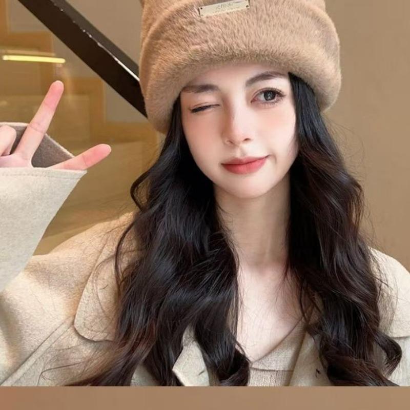 Autumn and winter bear ears plush hat women's thickened warm ear protection wool hat big head circumference versatile bag head knitted hat