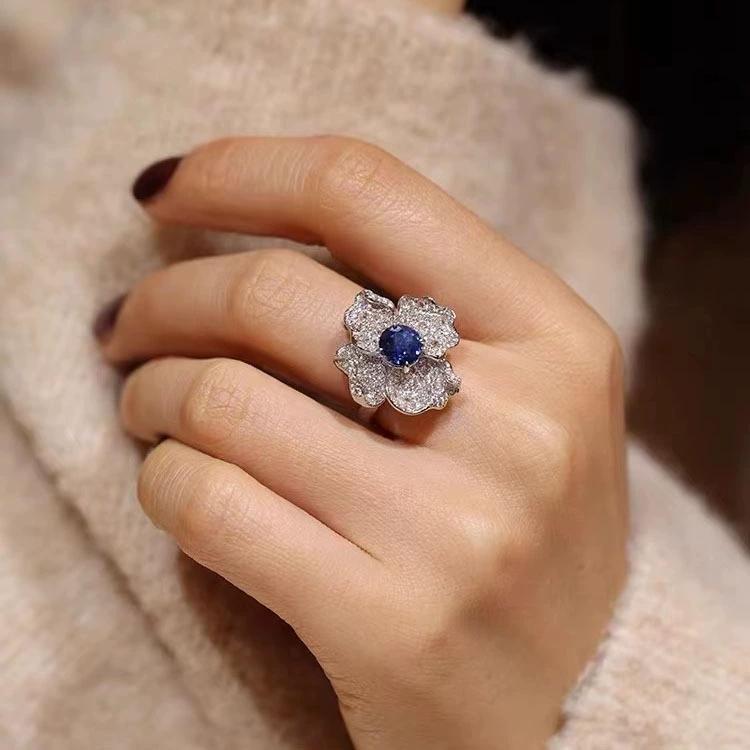 New Luxury Sapphire Wedding Rings Female Big Flower Blue AAA Zirconia  Sterling Silver  Prom Party Girlfriend Gifts