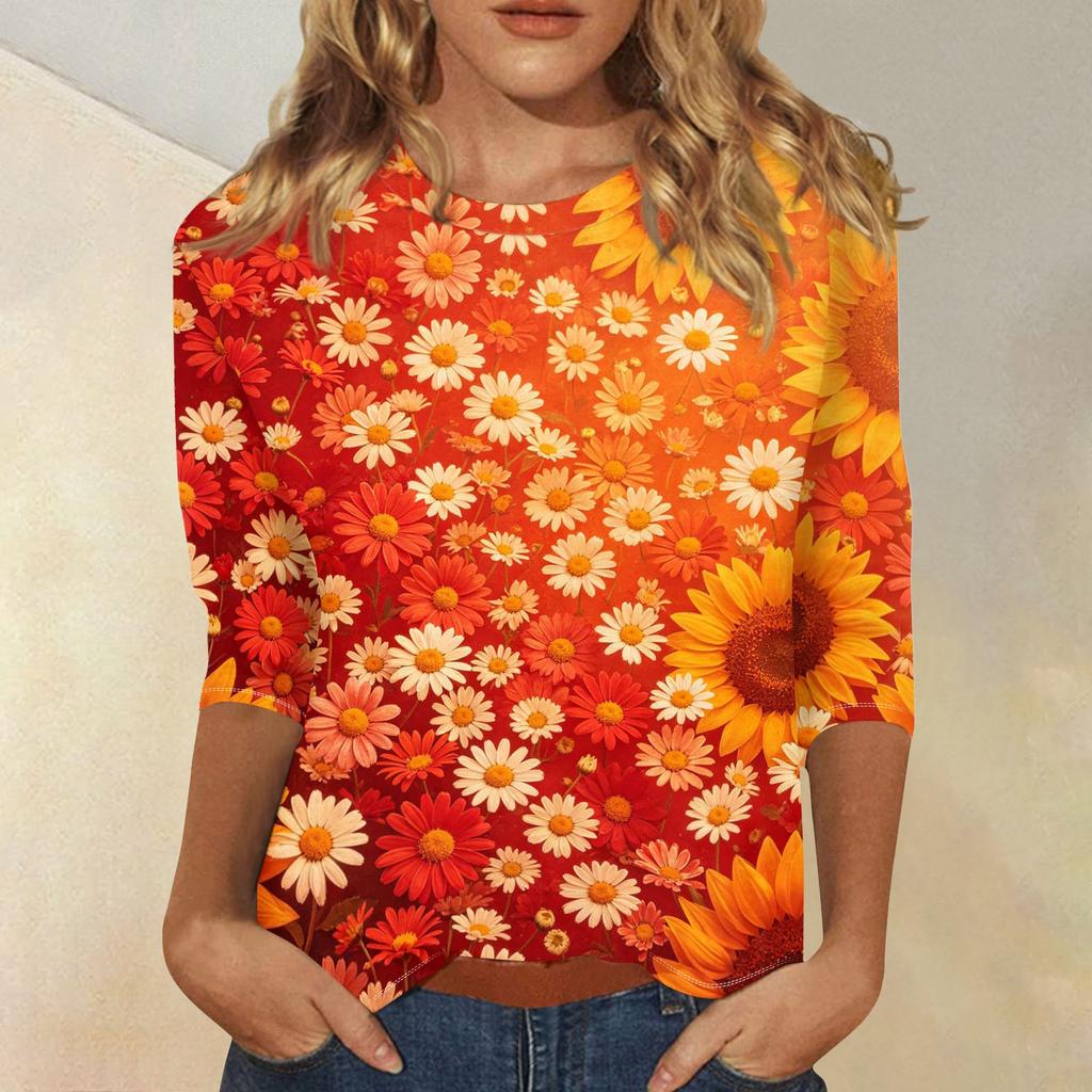 Women Casual Floral Print Round Neck Three Quarter Sleeve Top Lightweight Comfortable Fit Stylish Design Suitable for Everyday Wear