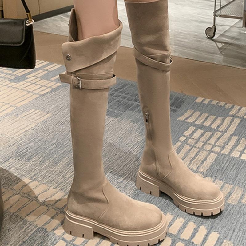 Fashion Women Mid Heels Over The Knee Suede Chelsea Boots New Platform Designer Luxury Shoes Goth Brand Walking Gladiator Mujer Botas
