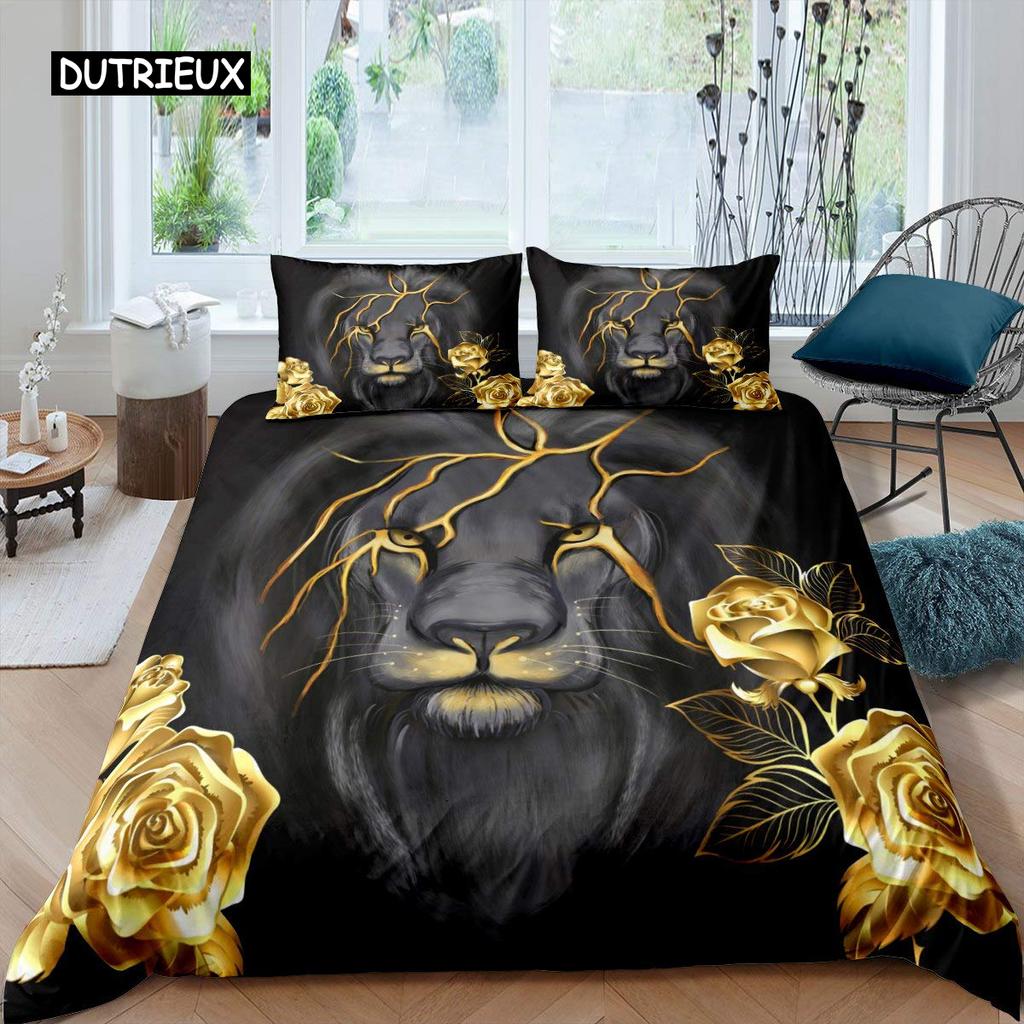 Lejon Påslakanset King Size Afrika Vilda Djur Storkatt Sängkläder Gyllene Lejon Vilar 2/3 Delar Barn Djur Enkelt Täcke Överdrag