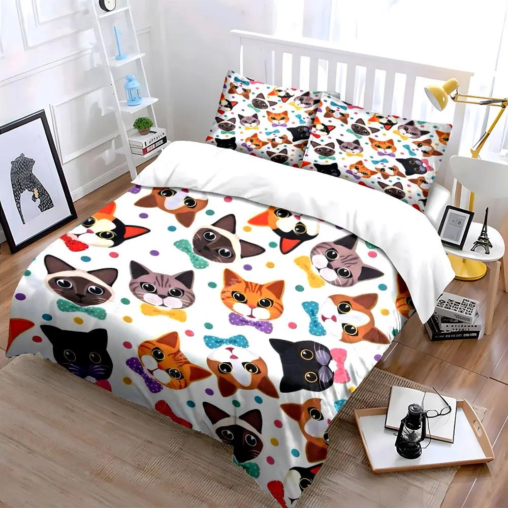 Cute Cat-Themed Decorative Set Multiple Sizes Kid's and Adults' Bedroom Exquisite 3PC Bedding Set Gift