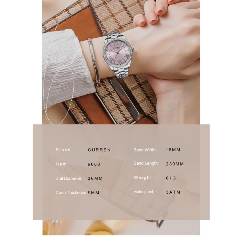 CURREN NEW Luxury Stainless Steel Wristwatches for Ladies Romantic Rose Pink with Rhinestones Roman Numeral Dial