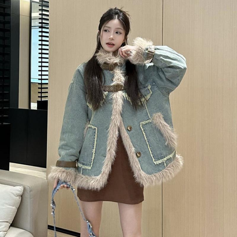 

Denim Mao Mao Jacket Women s Autumn and Winter Korean Version of The New Sense Splicing with Cotton-padded Clothes and Cotton-padded Clothes S