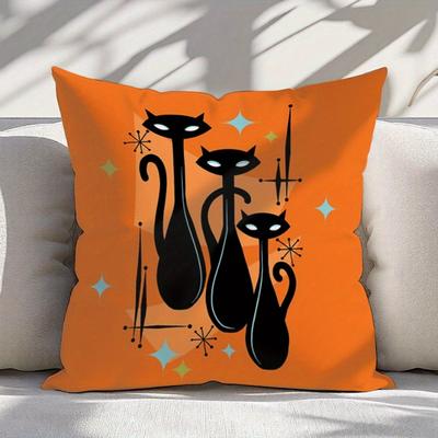 Retro Orange Cat Pillow Cover With Atomic Style Print, Zipper Cushion Case For Sofa Living Room Home Decor Gift