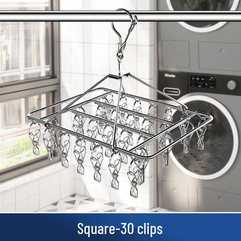 Stainless Steel Multifunctional Windproof Sock and Clothes Hanger with Clips for Home and Dorm Use.