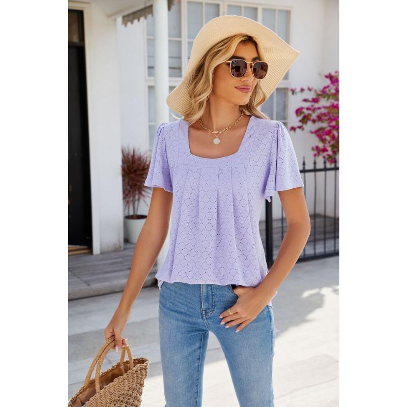 Women's Fashion Casual Summer Spring Solid Color Print Short Sleeve Square Collar Blouses & Shirts