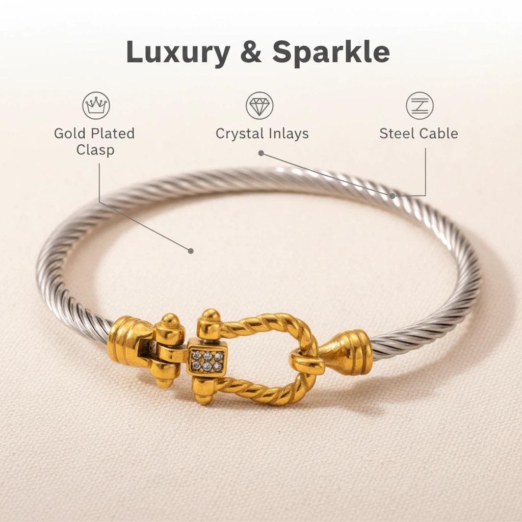 European-American Titanium Steel Twisted Rope Bracelet with Diamond Horseshoe Buckle - Stylish and Luxurious Design.
