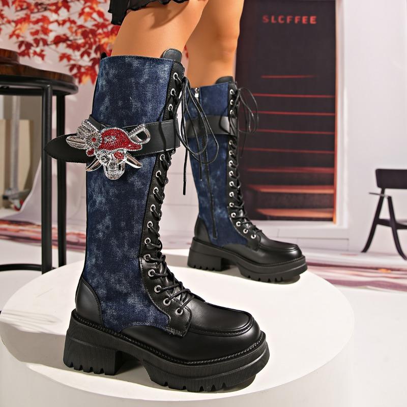 

Thigh Boots Fall/Winter New Round Toe Spliced Lace-Up Side Zip Platform Knight Tall Boots 43
