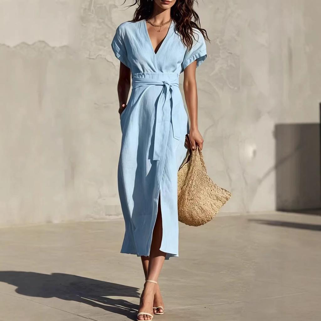 2026 New European and American Cross-border Independent Station Foreign Trade, Casual Simple Solid Color Lace-up V-neck Pocket Medium and Long Dress