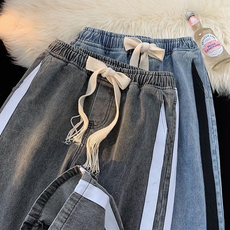 Striped Patchwork Jeans for Men In Autumn Trendy Brand Loose Straight Wide-leg American High Street Large Size Casual Long Pants